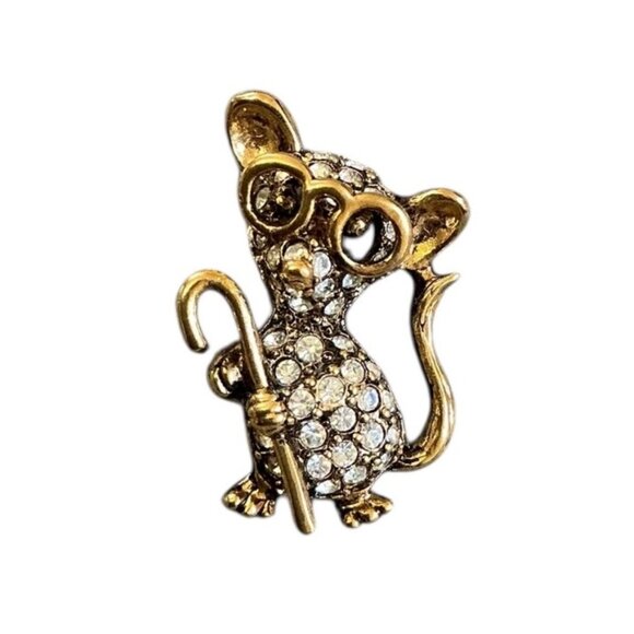 Vintage Gold Tone Jeweled Rhinestone Mouse with Glasses and Cane Brooch - Picture 2 of 6
